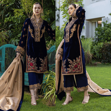 3-Piece Unstitched Heavy Embroidered Velvet Suit - zab980
